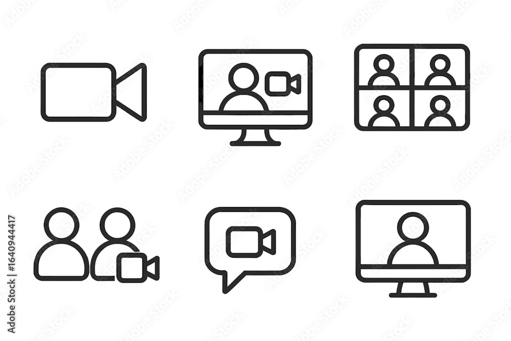 Poster digital communication icons representing video conferencing and virtual meetings in modern technolog