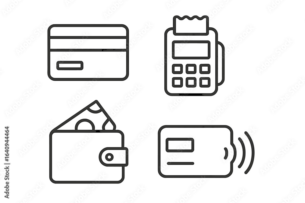 Aufkleber payment methods include cards, wallets, and devices for transactions on a minimalist background repr
