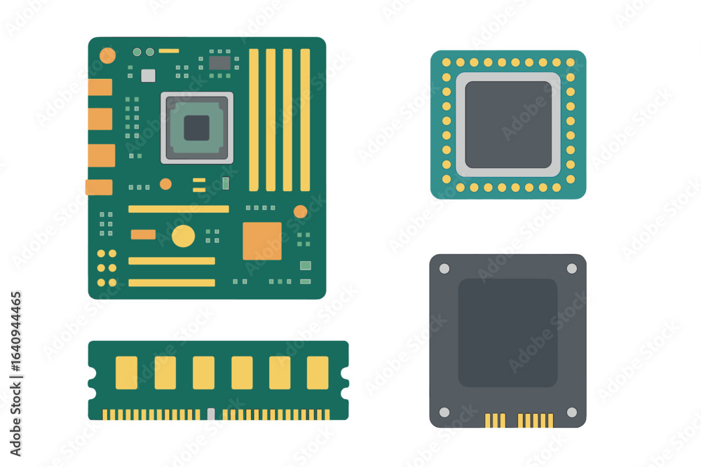 Poster circuit board components and microchips arranged in a technical layout for electronics design and pr