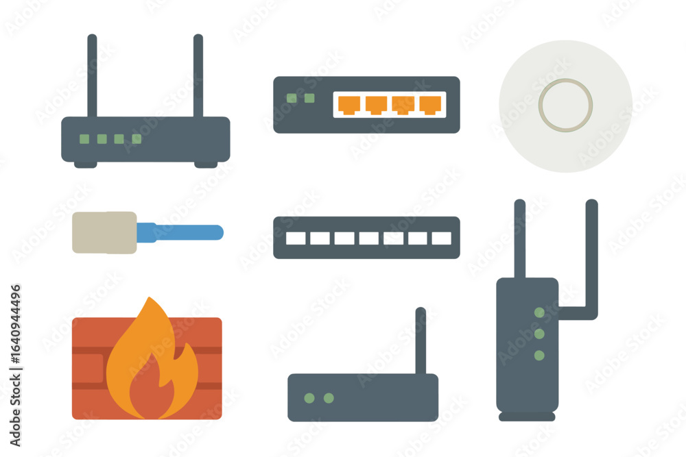 Poster collection of various networking devices and tools displayed on a clean background showcasing connec