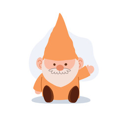 cute sitting gnome character in pastel orange outfit waving hand vector for kids and fairytale art