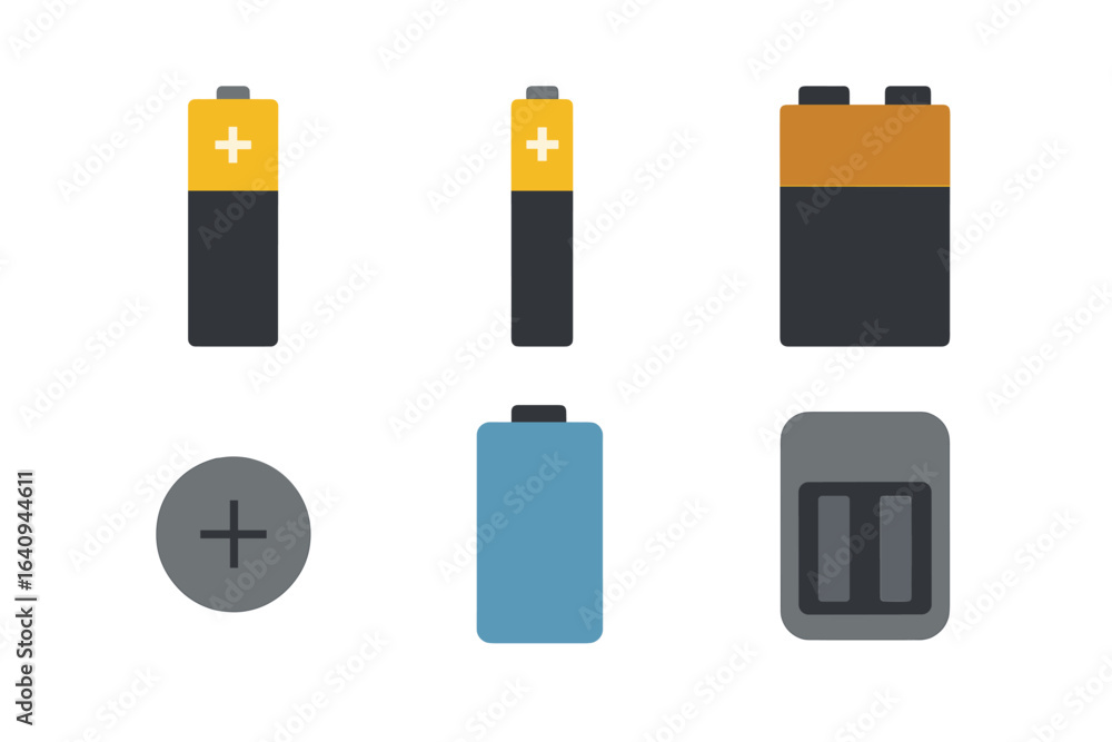 Poster battery collection showing various types of batteries and charging devices in a simple design