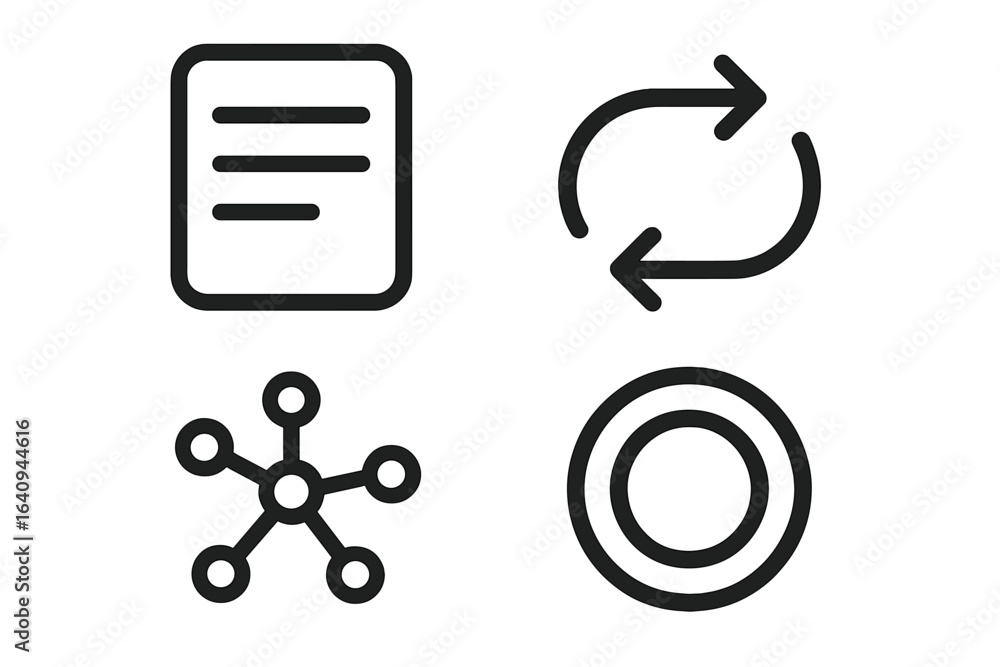 Poster icons representing various concepts such as document, refresh, network, and target used in digital d