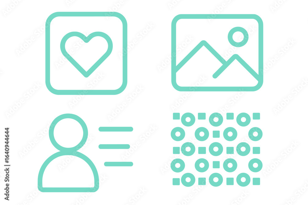 Poster symbols representing various digital interactions and features in social media and content sharing p