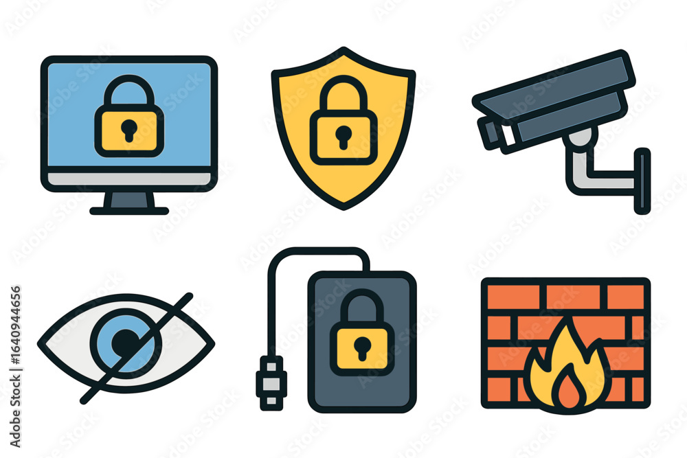 Aufkleber digital security concepts featuring various icons related to cybersecurity and online protection in 