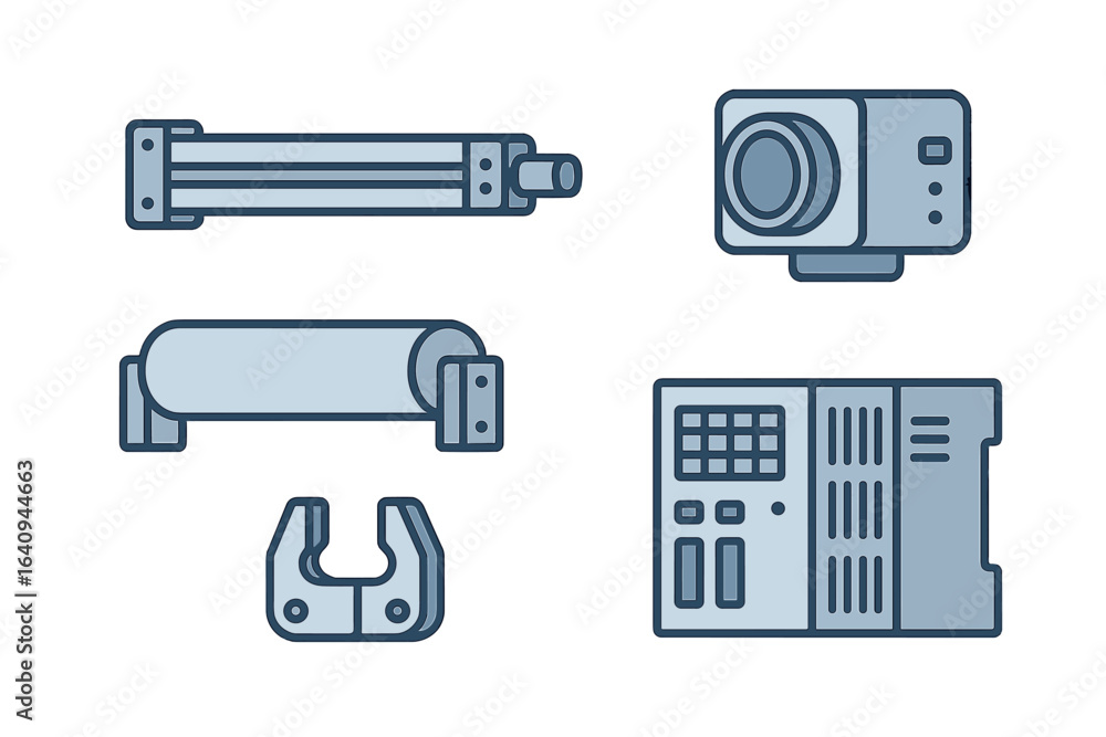 Poster various industrial components including sensors and control units for technology applications in mod