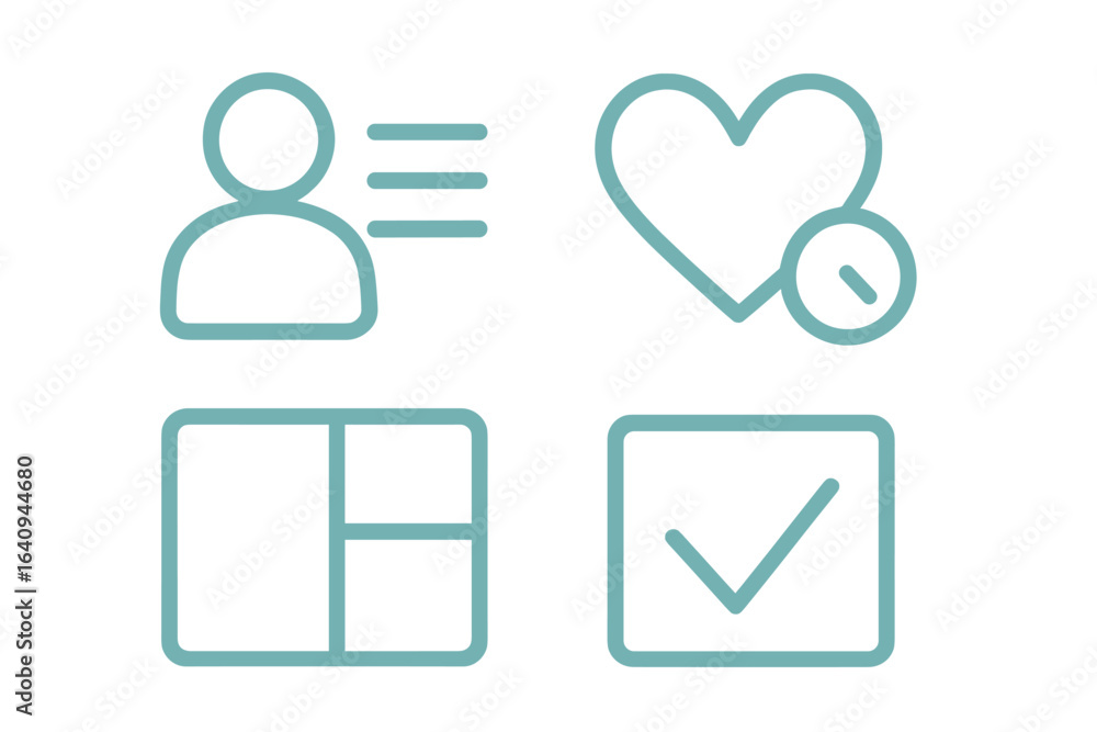 Poster icons representing user profile, feedback, features, and check status in a digital interface suitabl