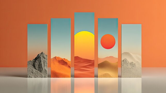 Desert landscapes within rectangular frames against an orange background