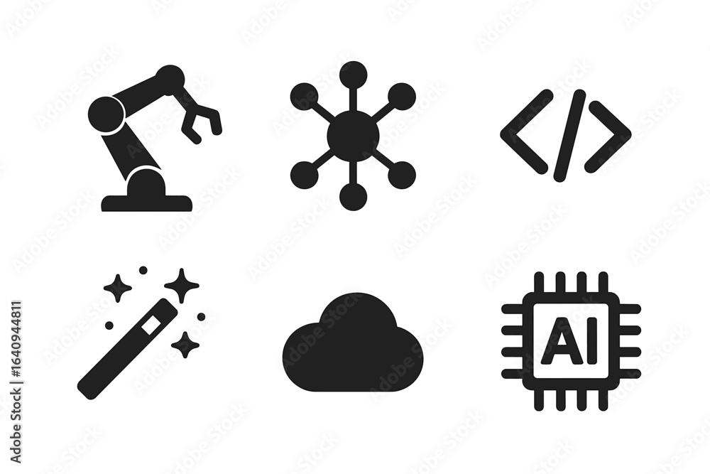 Poster various black icons representing technology, artificial intelligence, and automation concepts in a m