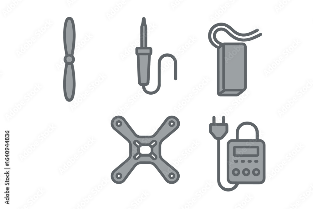 Aufkleber tools and components for assembling a drone during a diy electronics project at a workshop