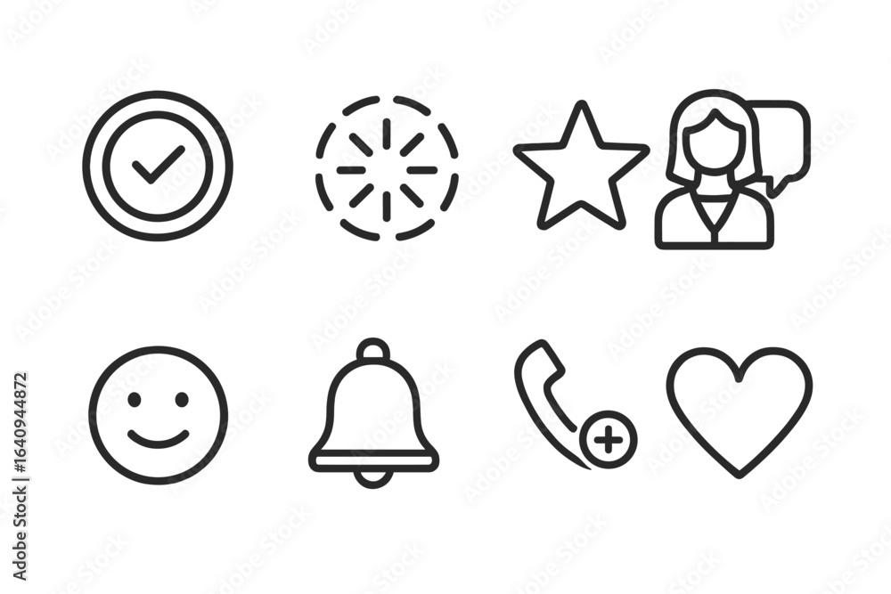 Poster simple line icons representing various symbols, including check marks, notifications, and user profi