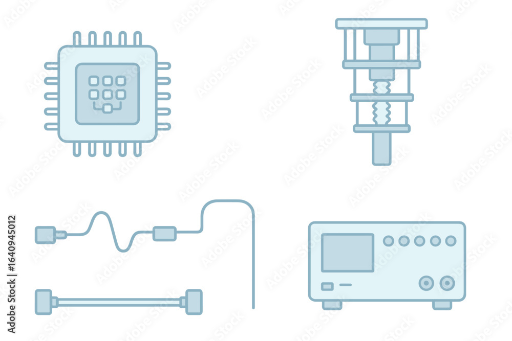 Poster electronics components and testing equipment displayed on a clean background illustrating engineerin