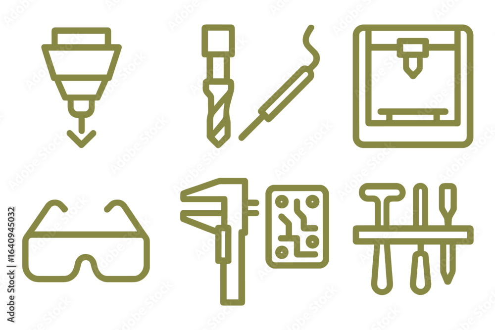 Poster symbols representing various tools and equipment used in engineering and design activities in a work
