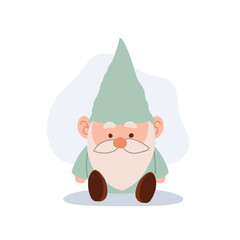 sitting cartoon gnome in mint green outfit flat vector character for fairytale nursery or fantasy theme