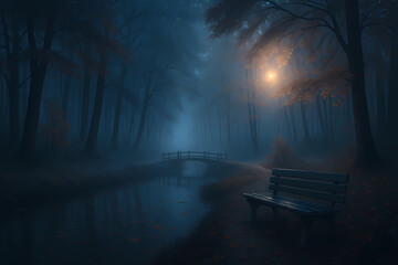 A quiet forest at dawn, bathed in cool blue light with patches of warm sunrise breaking through. A thick mist lingers between tall trees with sparse autumn leaves (oak, maple). A wooden footbridge or 