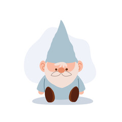 sitting cartoon gnome in light blue outfit flat vector character for fairytale nursery or fantasy theme