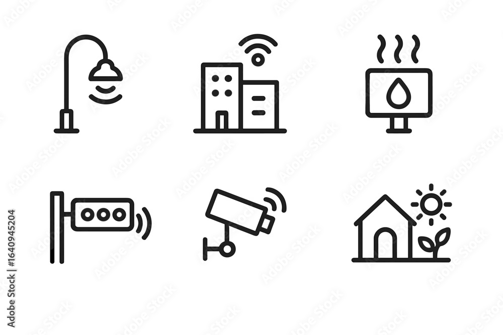 Poster urban infrastructure and smart city elements depicted through simple line icons showcasing modern te