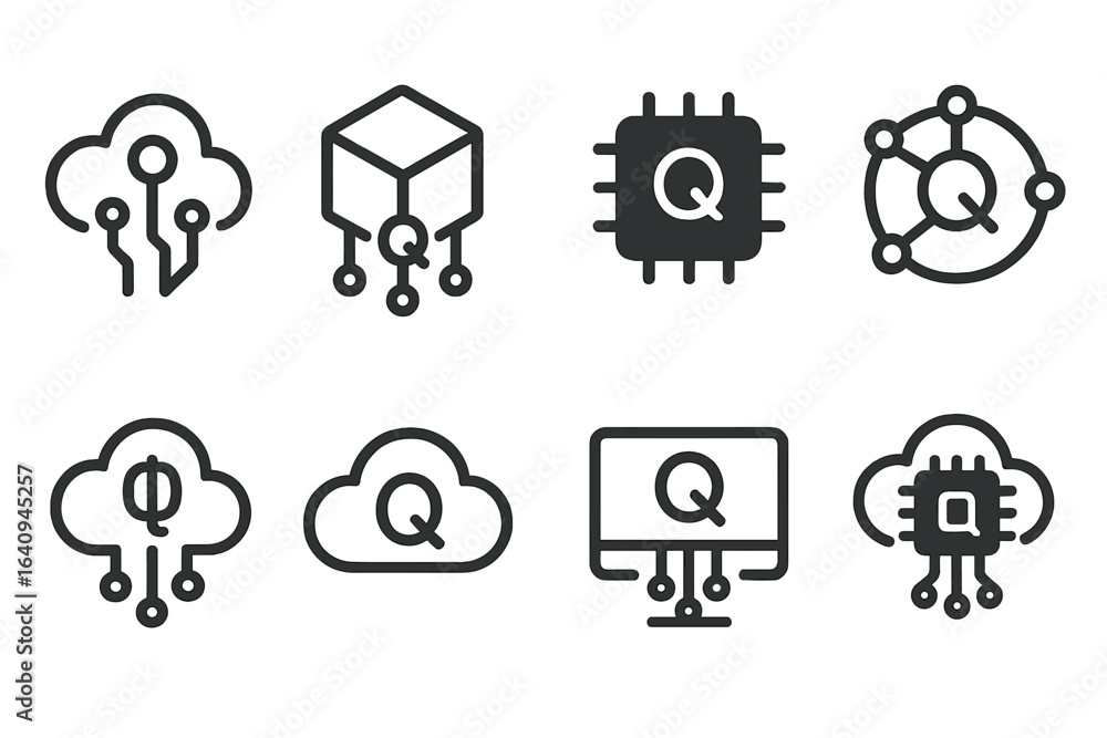 Poster different designs of interconnected technology symbols showcasing cloud computing and digital innova
