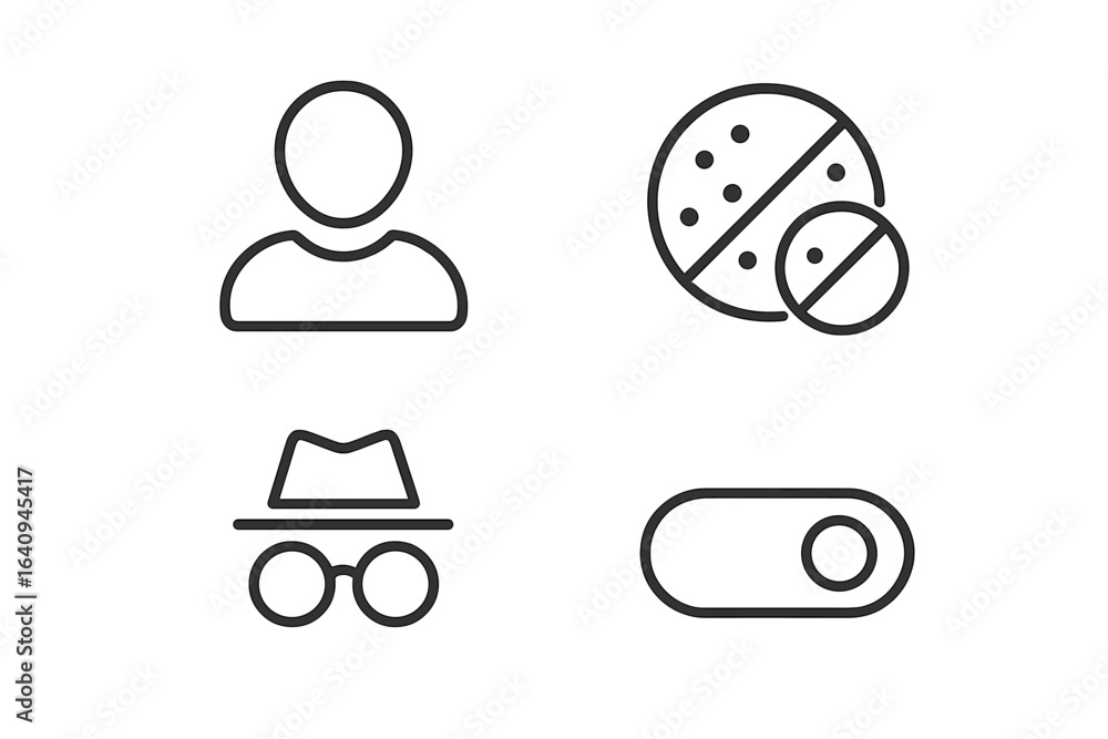 Poster icons representing user interaction, profile settings, and options for a digital interface or applic