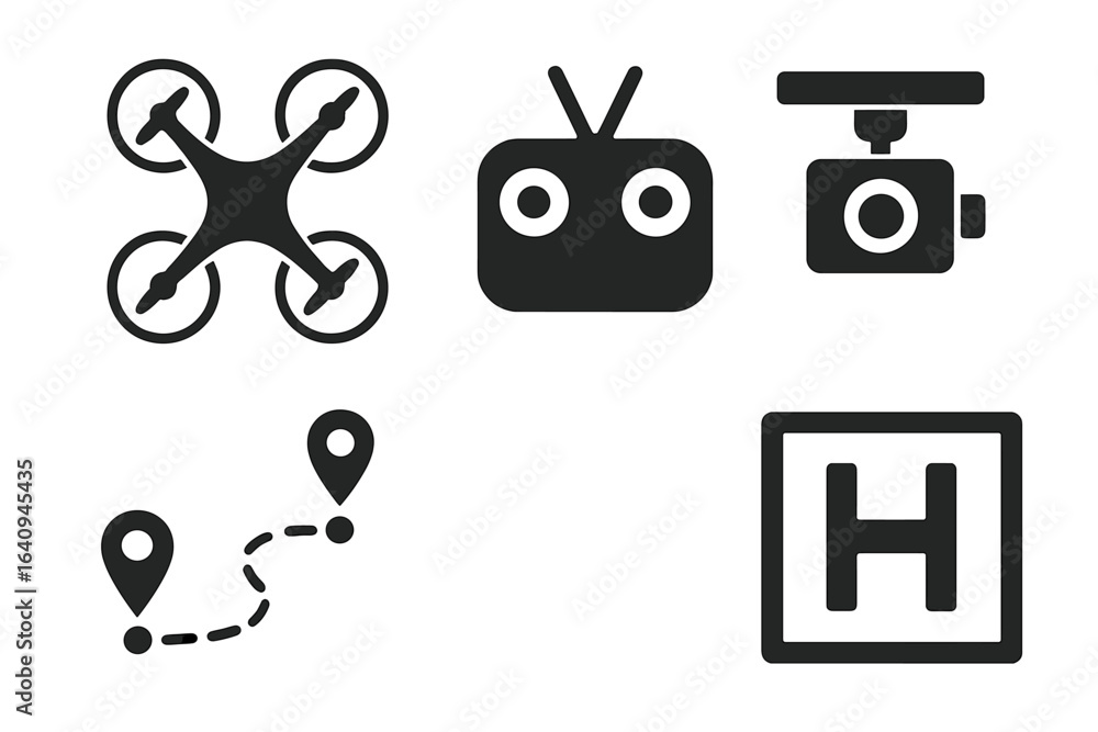 Poster exploring drone technology with remote control gadgets and navigation tools for aerial photography