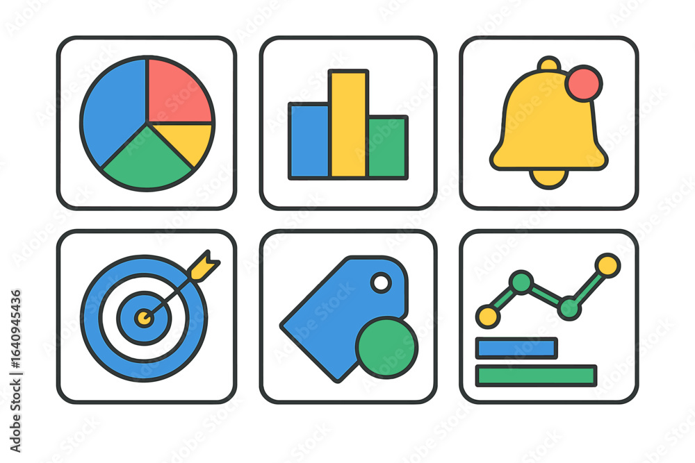 Poster colorful icons representing data analysis, statistics, and notifications in a modern style