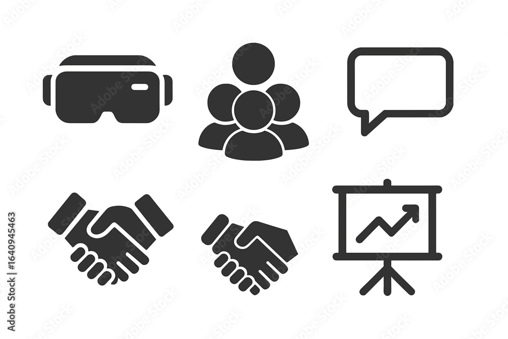 Poster virtual reality and teamwork symbols representing collaboration and communication in professional se