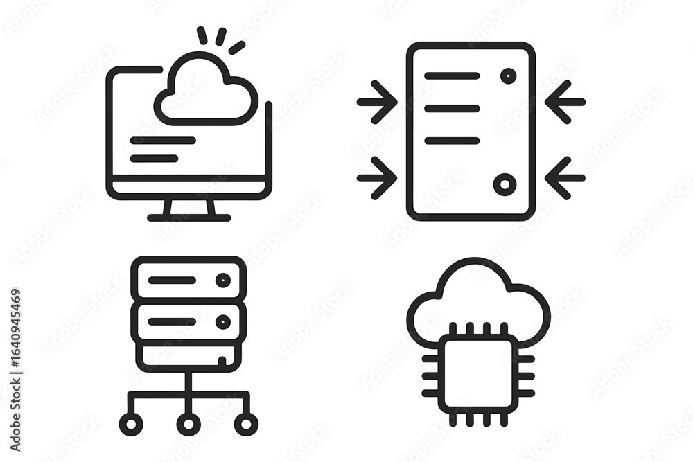 Poster cloud computing symbols illustrate digital data management and server technology in a modern workspa