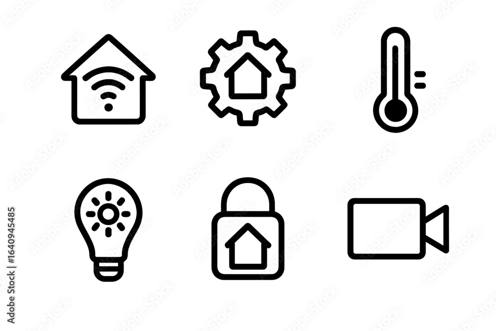 Poster smart home technology icons representing various functions for enhanced automation and security
