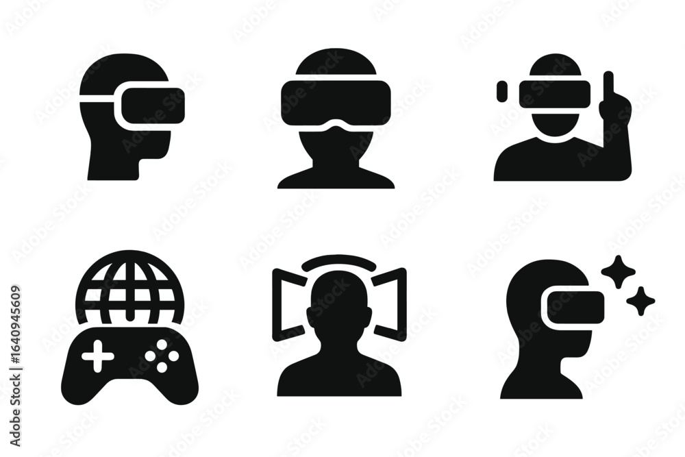 Poster virtual reality experiences with headset users enjoying immersive gaming and interactive environment