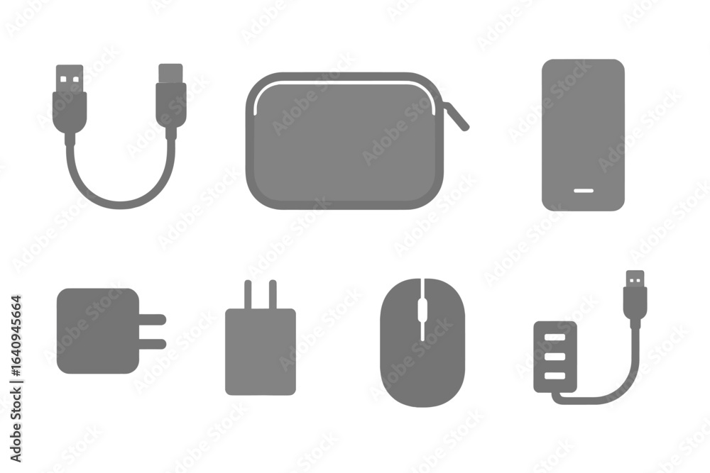 Poster modern tech accessories arranged in a minimalist layout showcasing their functions and designs in a 