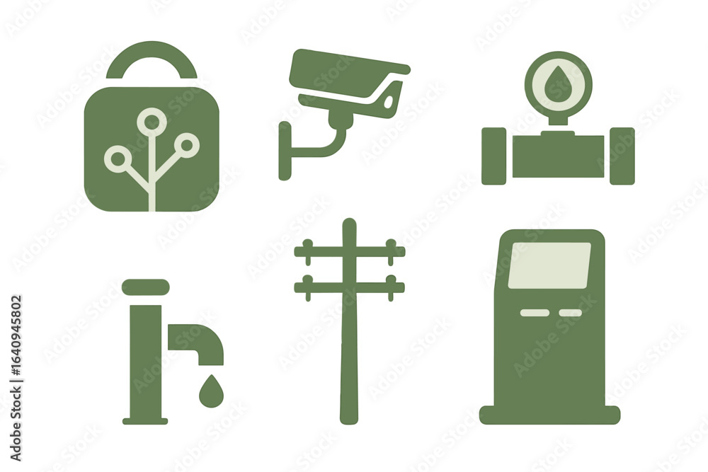 Poster utility and security icons representing urban infrastructure and technology in a modern setting