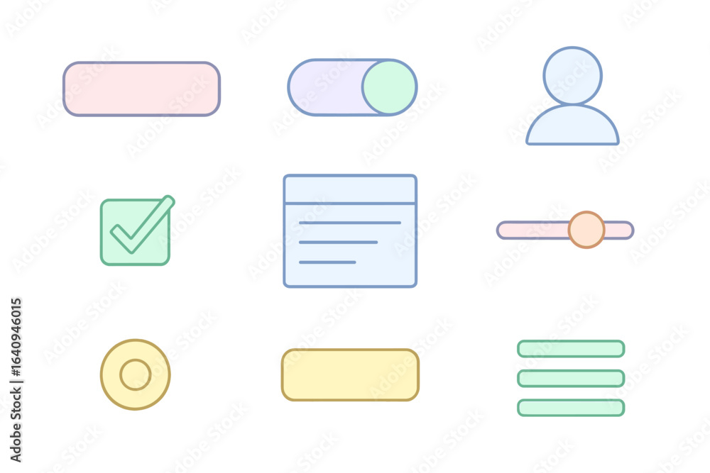 Poster collection of user interface icons showcasing buttons, toggles, and user symbols in soft pastel colo