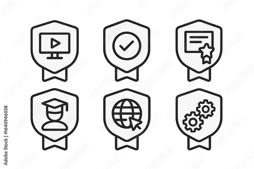 Poster digital badges representing online course achievements and skill validations in a simple, modern des