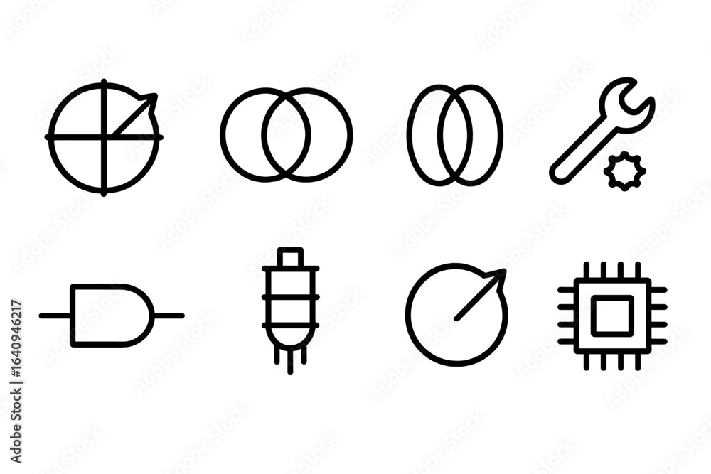 Aufkleber technical icons representing various engineering concepts and tools in minimalist design for modern 