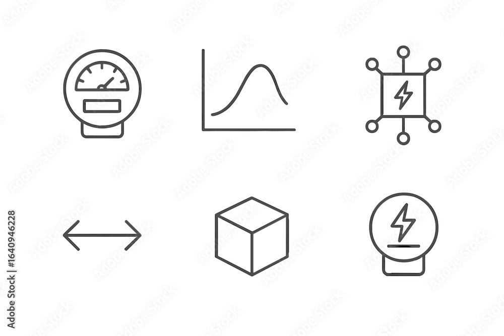 Poster collection of technical icons representing measurement, data analysis, and electrical concepts in a 
