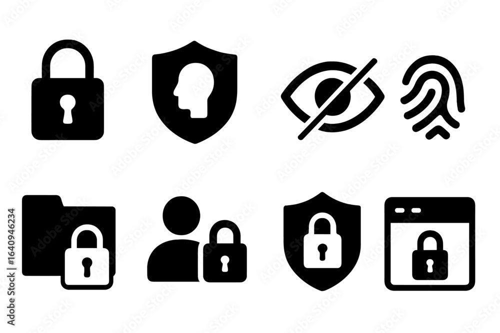 Poster symbols representing various aspects of security, privacy, and data protection in digital environmen