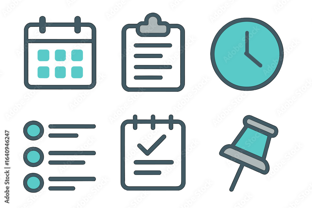 Poster time management tools including calendar, checklist, and clock for organizing tasks effectively in a