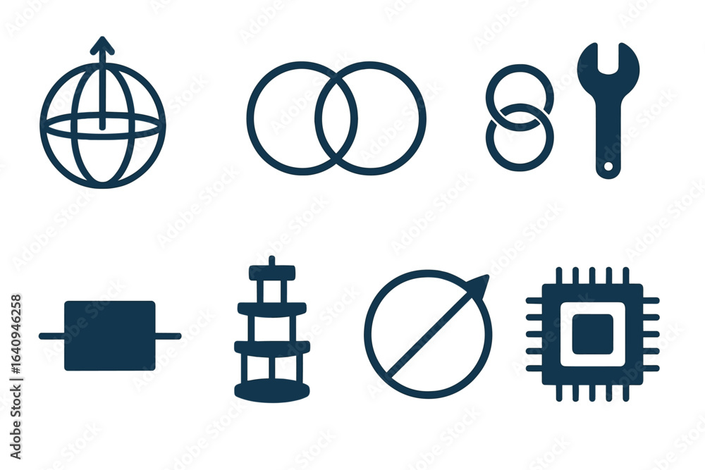 Poster icon set showcasing global connectivity, technology, and engineering with various symbols representi