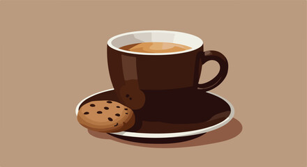 Obraz premium A drink in a cup rests upon a saucer with a cookie on it, brown background