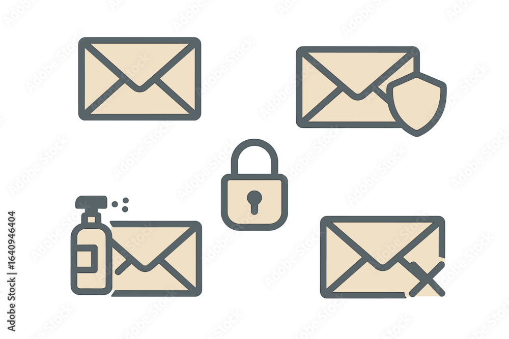 Poster secure email symbols with protective elements and various envelopes showcasing security importance i