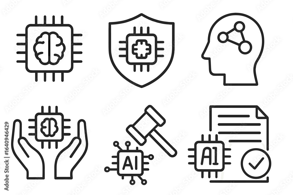 Poster exploring artificial intelligence concepts through symbols and icons in a modern digital environment