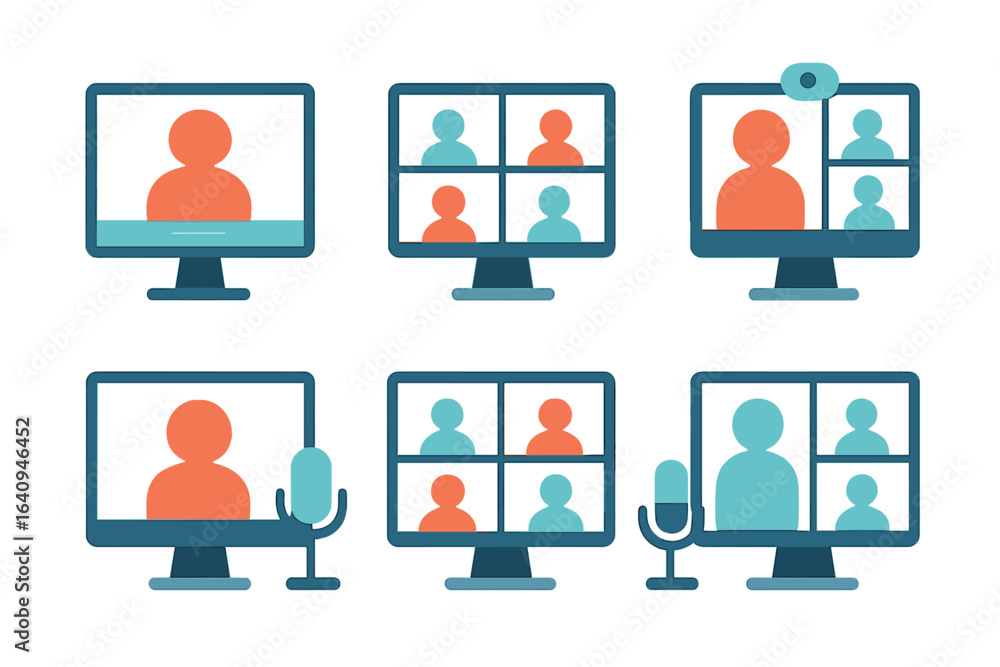Poster virtual meetings with multiple participants showcased on computer screens at a remote workspace