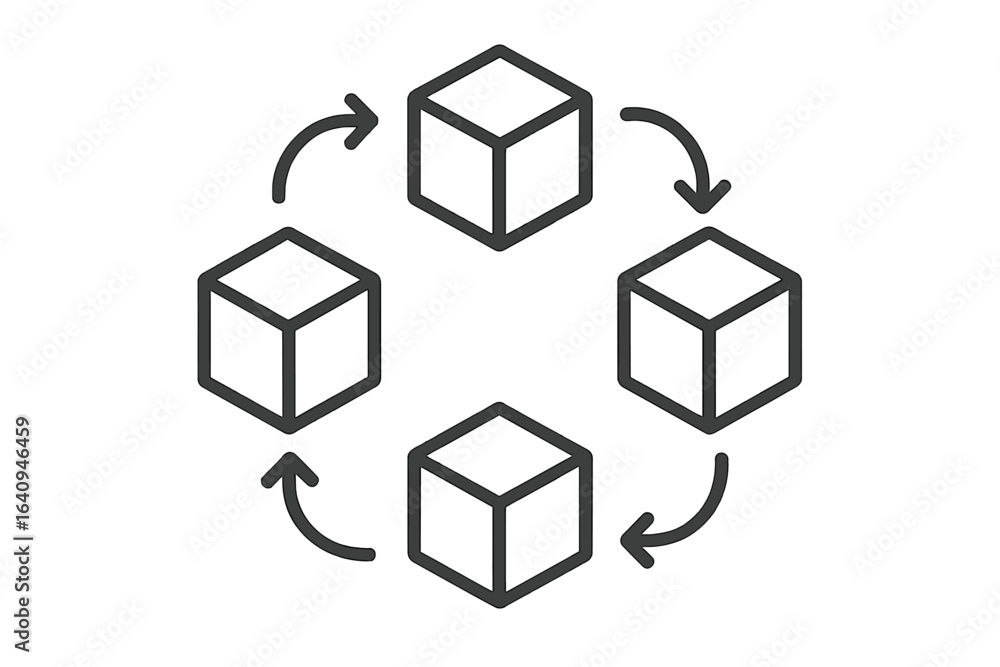 Poster four interconnected cubes with arrows indicating movement and interaction, representing a dynamic pr