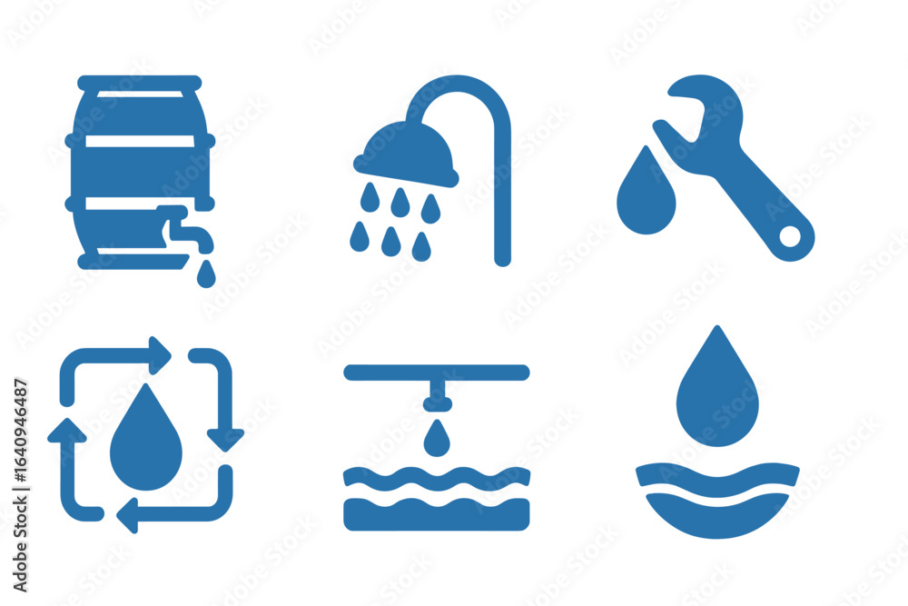 Poster water conservation symbols showing essential tools and practices for managing water efficiently