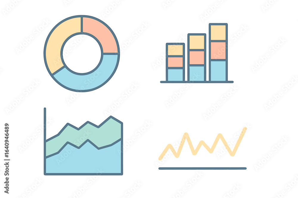 Poster visual representations of data analysis including pie chart, bar graph, line chart, and area graph d