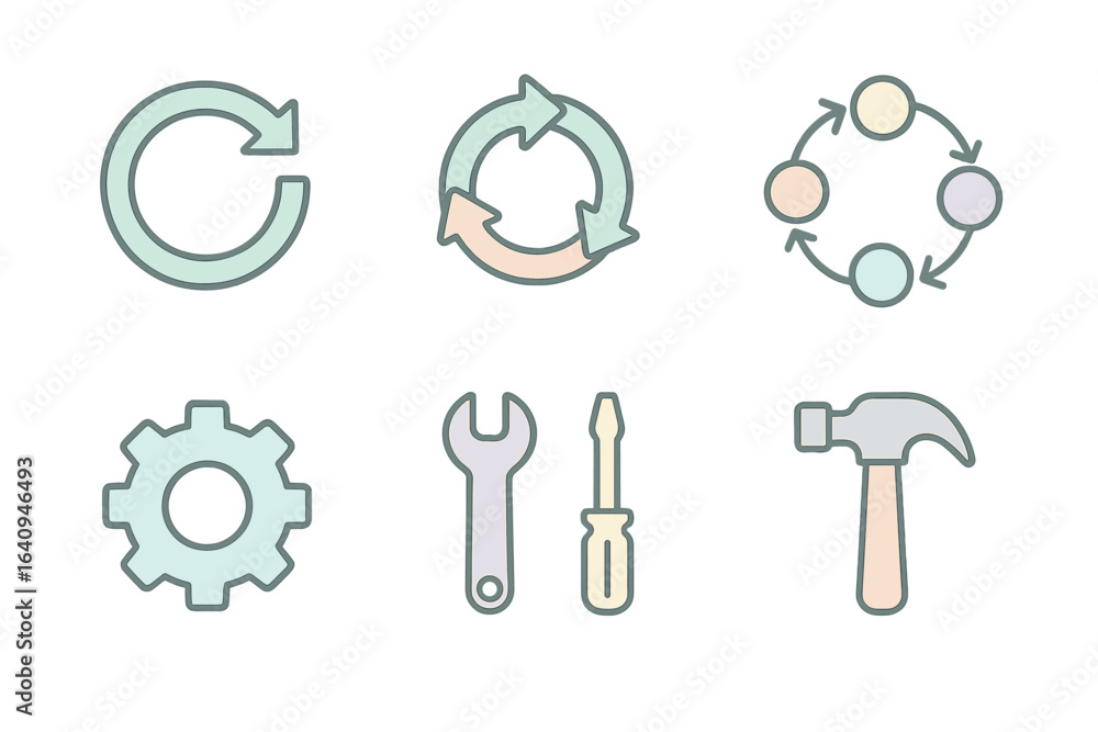 Poster collection of colorful and minimalist icons representing various tools, gears, and recycling concept