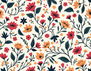 Seamless repeating pattern of stylized folk art flowers in red, orange, and dark teal on a light background.