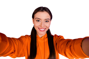Close up photo of positive cheerful youth girl make v-signs enjoy her trip journey wear modern...