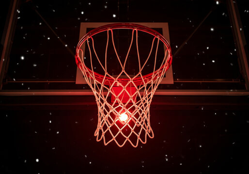 Glowing red basketball hoop and backboard with fiery sparks on a dark background, creating a dramatic sports concept illustration. - Powered by Adobe