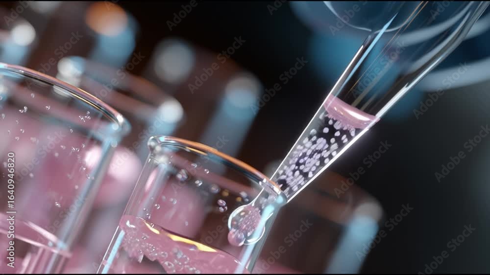 Poster laboratory experiment with pipette and test tubes showcasing precise liquid transfer and bubbles